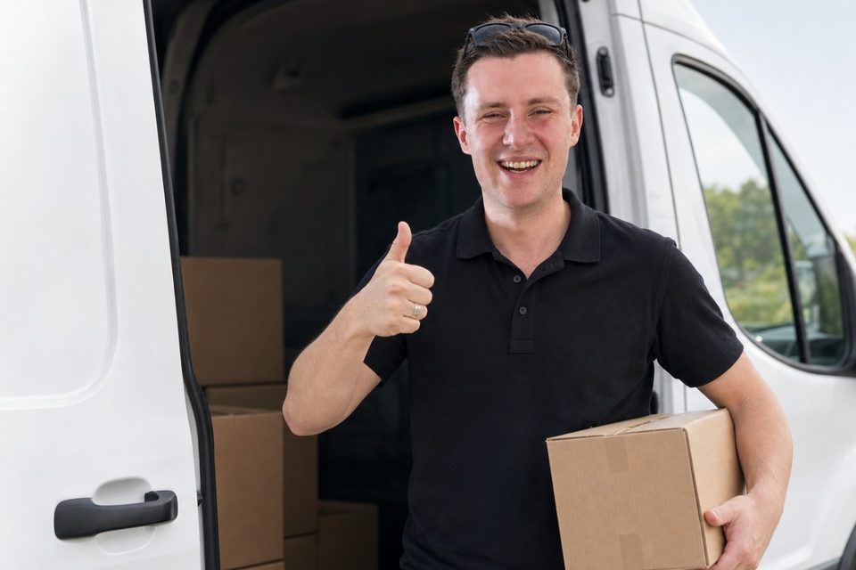 Daniel van DS Express met een pakket bij de bestelbus, duim omhoog
